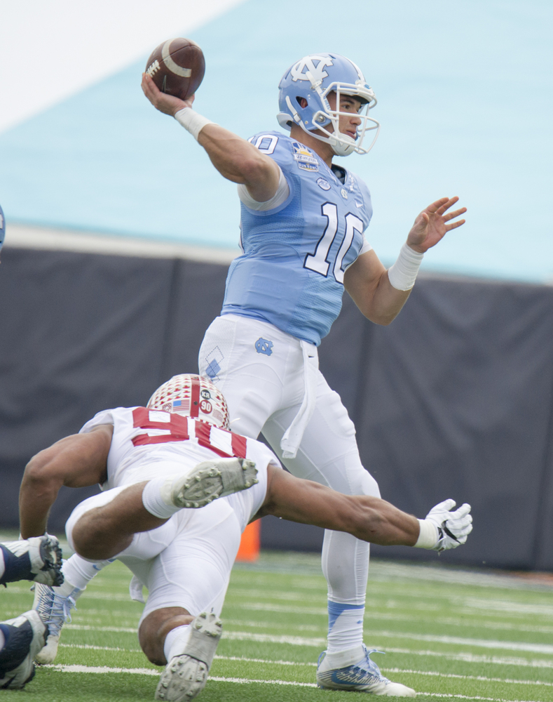 The No. 3 pick (Solomon Thomas) goes after the No. 2 pick (Mitch Trubisky) during the 2016 Hyundai Sun Bowl